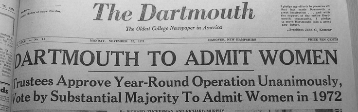 "Dartmouth to Admit Women" headline in The Dartmouth newspaper